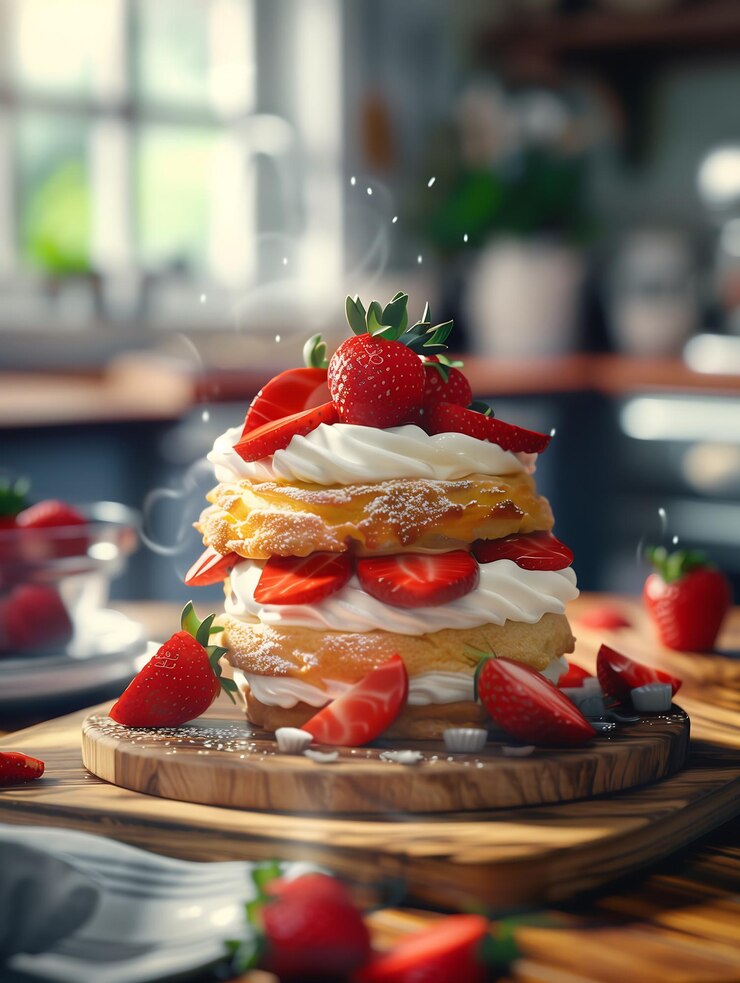 un pastel con fresas y crema encima