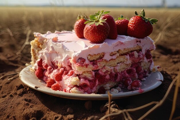 Foto un pastel con fresas y crema en él se sienta en un plato con fresas en él