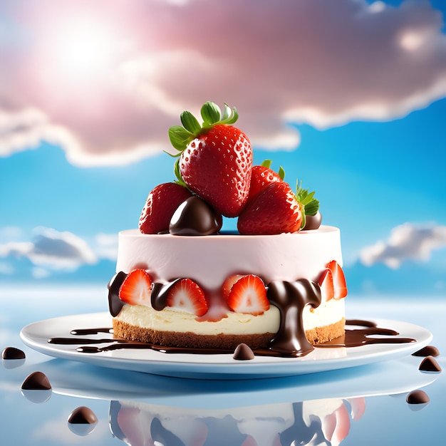 Foto pastel con fresas foto promocional con cielo azul y nubes