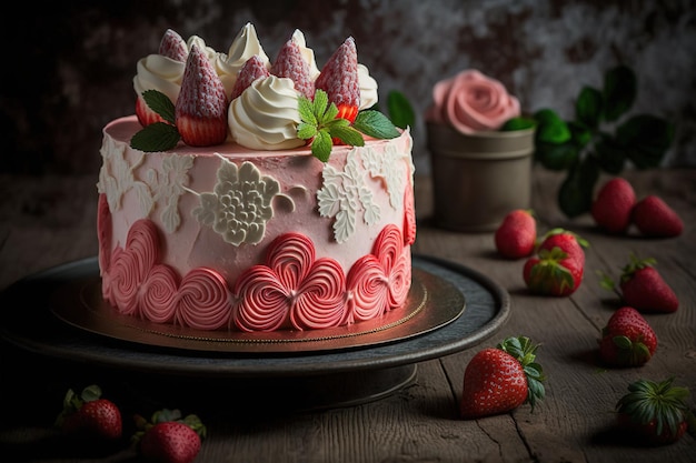 Un pastel de fresas con una hermosa decoración.