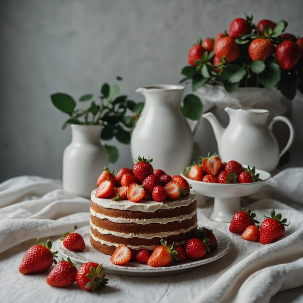 Foto pastel con fresas jugoso y hermoso pastel de dos niveles en la mesa en un mantel blanco