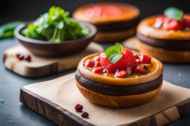 un pastel con fresas y otras verduras en una tabla de madera.