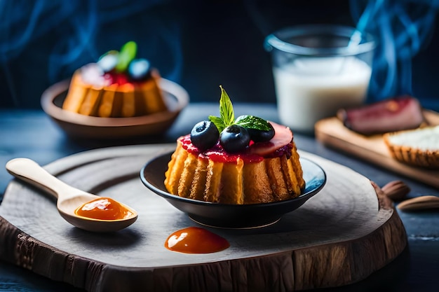 un pastel con fruta en él y un plato de comida con un vaso de leche en el fondo