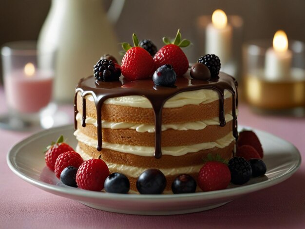 un pastel con fruta en él se sienta en un plato con una vela en el fondo