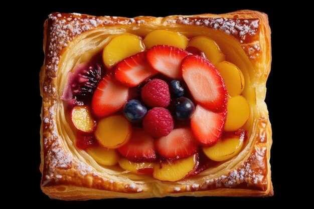 Foto un pastel con fruta en él y un fondo negro.