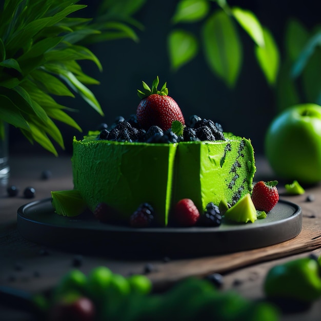 Un pastel con fruta y una manzana verde al lado.