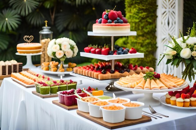 Un pastel con fruta en un stand con un mantel blanco.