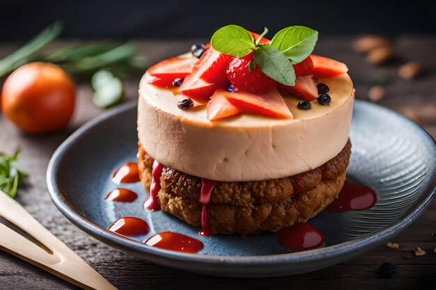 un pastel con fruta y un tenedor en el plato