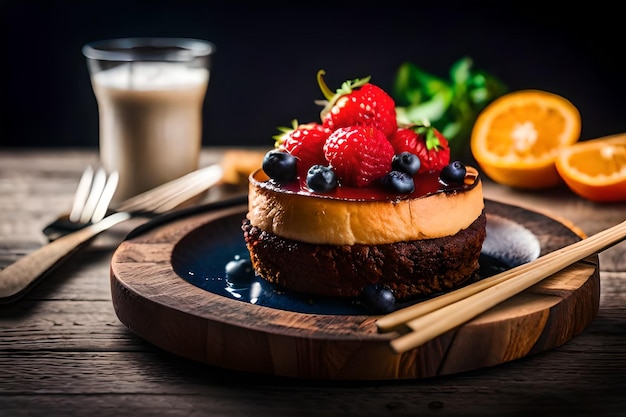 un pastel con fruta y un vaso de leche