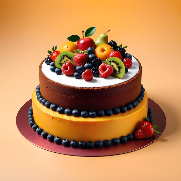 Pastel de frutas con bayas en un fondo naranja Rendering 3D