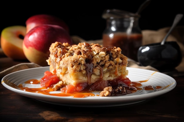 Pastel de frutas con crumble de streusel y salsa de caramelo creado con ai generativa