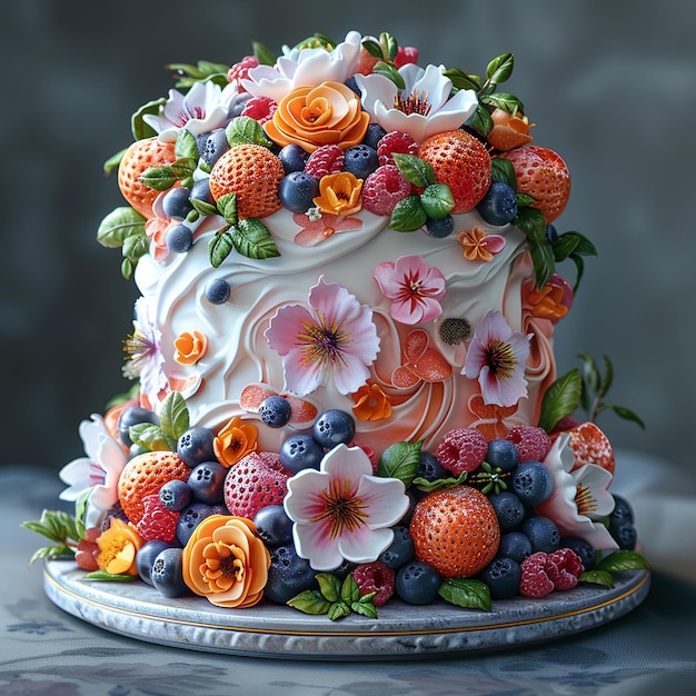 un pastel con frutas en él está decorado con flores y frutas