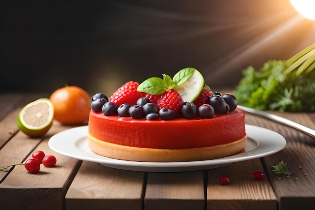 Un pastel de frutas con frambuesas y arándanos encima