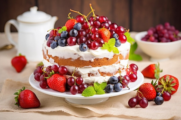 Pastel de frutas con fresa blanca y uva roja