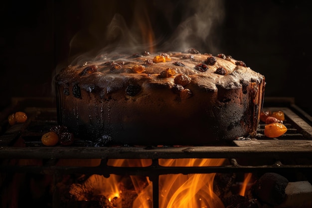 Pastel de frutas horneado en un horno tradicional con llamas y humo visible creado con ai generativo