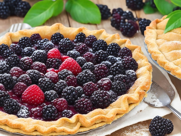 Un pastel de frutas con moras en el fondo ai generado