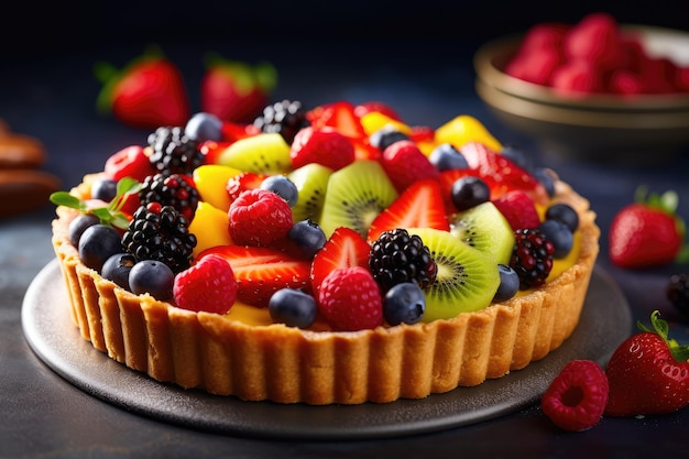 Pastel de frutas recién horneado con fruta fresca