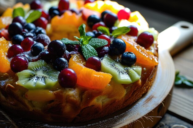 Foto pastel de frutas recién horneado con frutas frescas