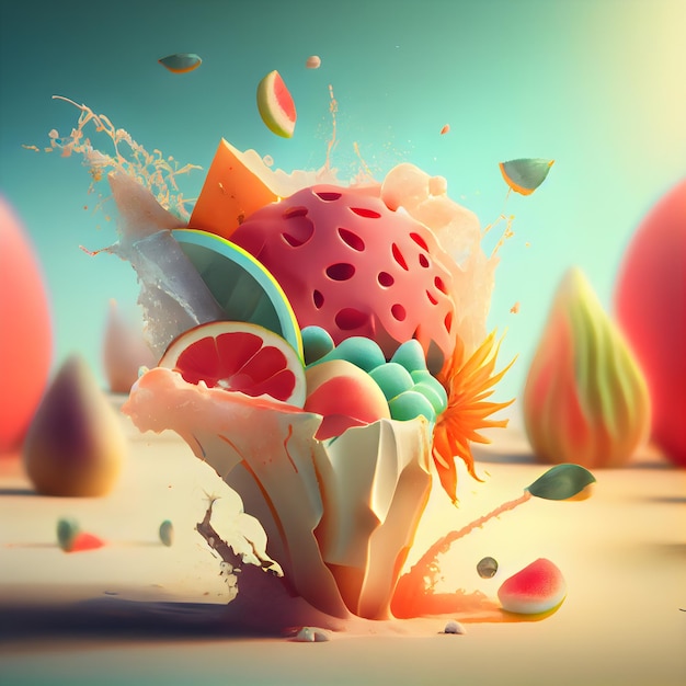 Pastel de frutas con salpicaduras y gotas de agua ilustración 3d