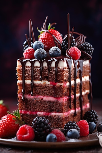 un pastel con frutos rojos y glaseado de chocolate