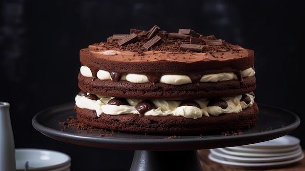 Pastel de galletas de chocolate con glaseado de crema en el soporte