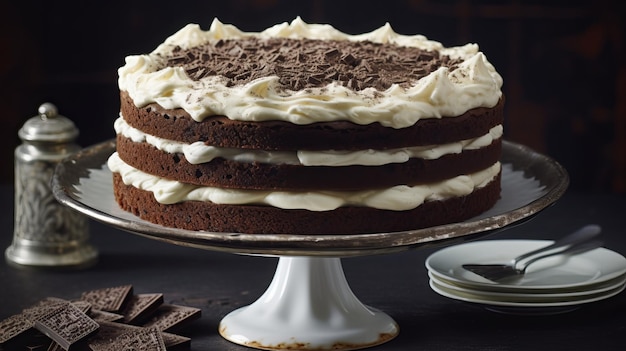 Pastel de galletas de chocolate con glaseado de crema en el soporte