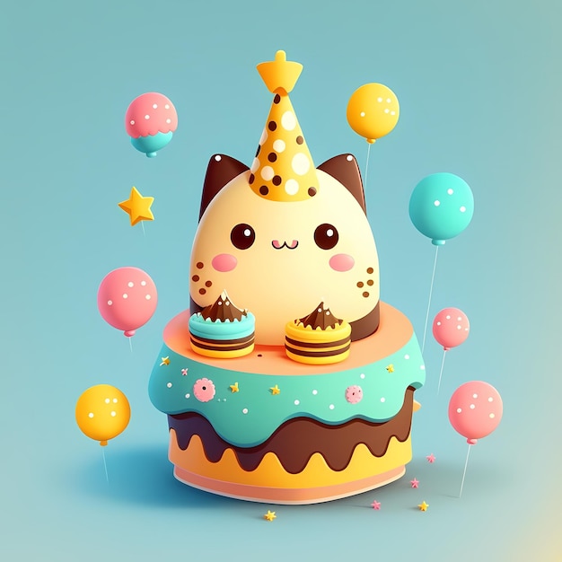 Un pastel de gato con un gorro de fiesta encima y globos en el fondo.