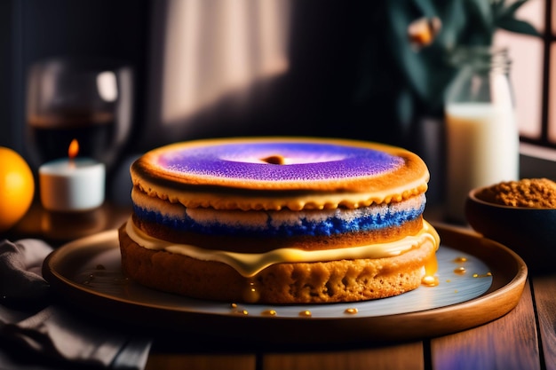 Un pastel con glaseado azul y morado se sienta en un plato.