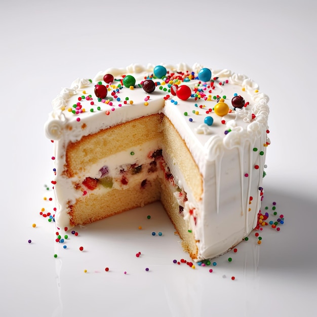 Un pastel con glaseado blanco y chispas