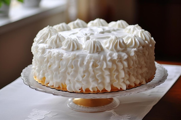 un pastel con glaseado blanco y una decoración dorada en la parte superior.