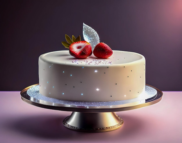 Un pastel con glaseado blanco y fresas encima.