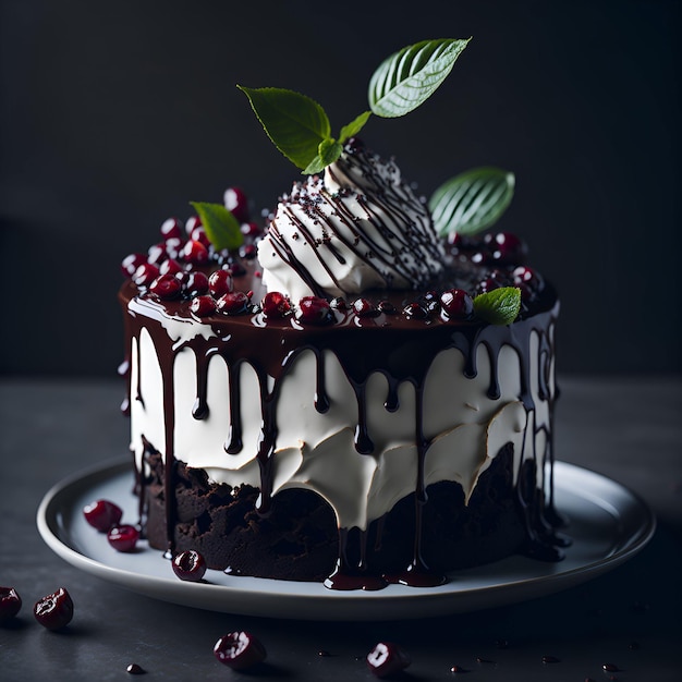 Un pastel con glaseado blanco y negro y arándanos encima.