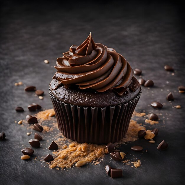 Foto un pastel con glaseado de chocolate y papas fritas de chocolate en una mesa