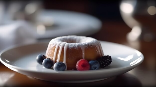 Un pastel con glaseado de limón y arándanos encima