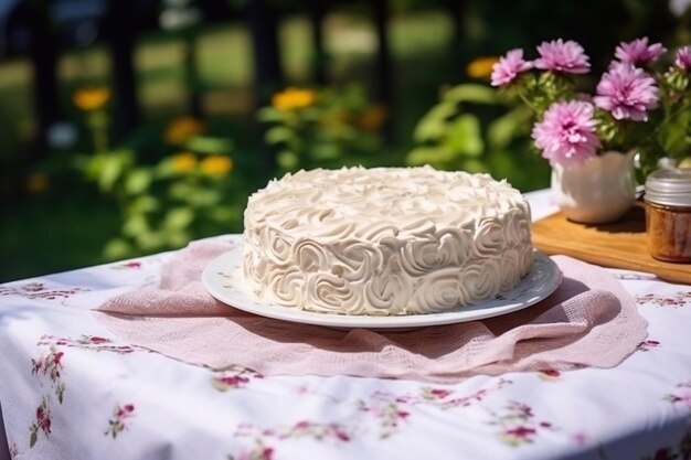 pastel de glaseado en la mesa con un mantel de flores en el jardín