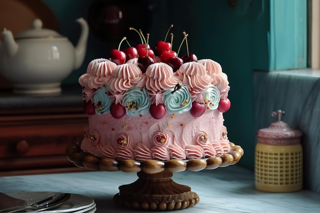 Un pastel con glaseado rosa y cerezas Torta retro generativa estilo Lambeth AI