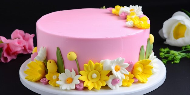 Un pastel con glaseado rosa y flores amarillas.