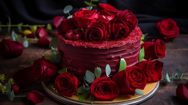 Un pastel con glaseado de terciopelo rojo y rosas.