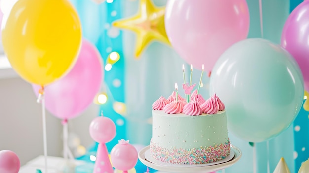 pastel y globos elementos de decoración de la fiesta generativo Ai