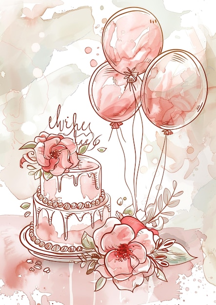 un pastel con globos y flores en él