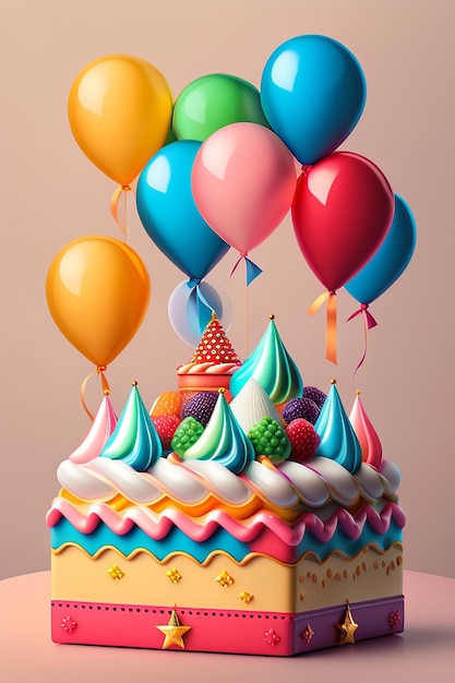 Un pastel con globos y la palabra cumpleaños.