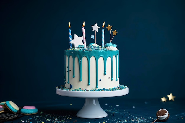 Pastel de goteo de cumpleaños blanco con tapa de estrella ganache azul azul y velas divertidas sobre fondo azul oscuro generan ai