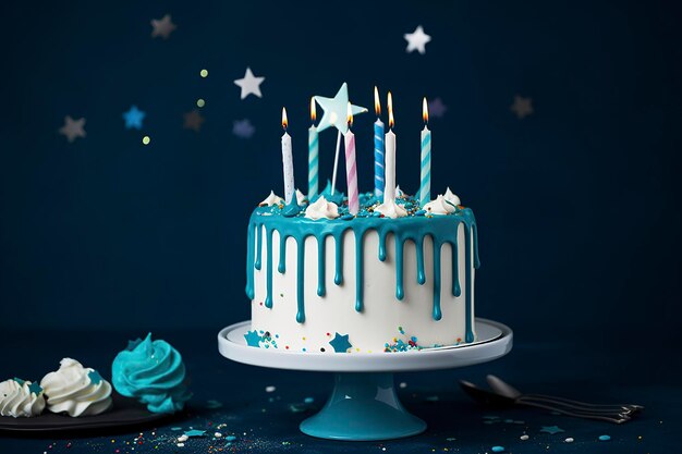 Pastel de goteo de cumpleaños blanco con tapa de estrella ganache azul azul y velas divertidas sobre fondo azul oscuro generan ai