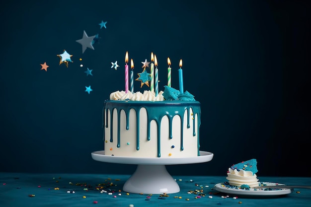 Pastel de goteo de cumpleaños blanco con toppers de estrella de ganache verde azulado y velas divertidas sobre fondo azul oscuro generar ai