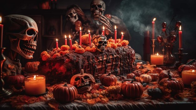 el pastel de halloween un horror culinario con calabazas calaveras y velas Ai Generated