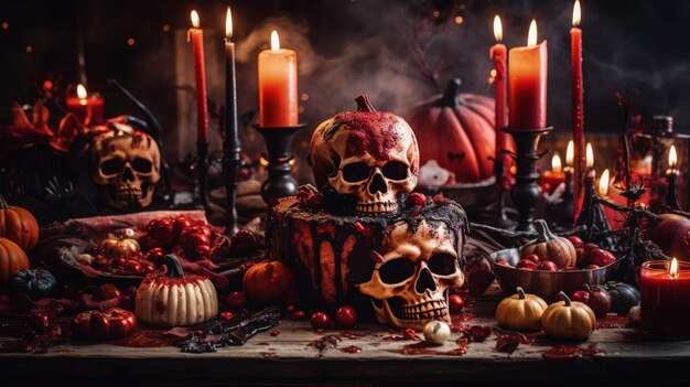 el pastel de halloween un horror culinario con calabazas calaveras y velas Ai Generated