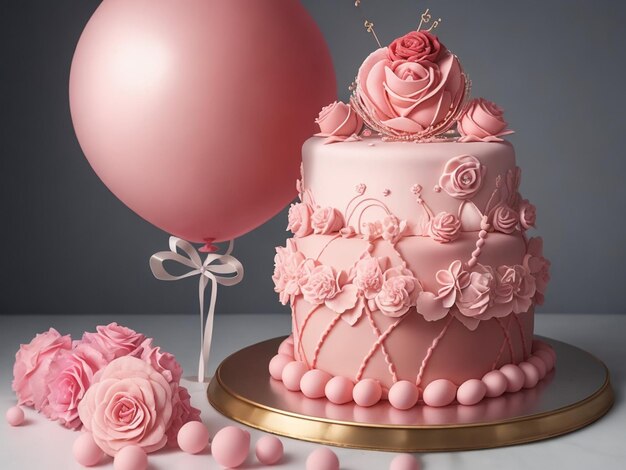 Foto pastel hermoso y pastel con kinujfe y globo de rosa genbrative ai tecnología