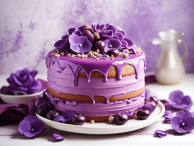 Pastel hermoso púrpura violeta sobre fondo de mesa de madera blanca Ai