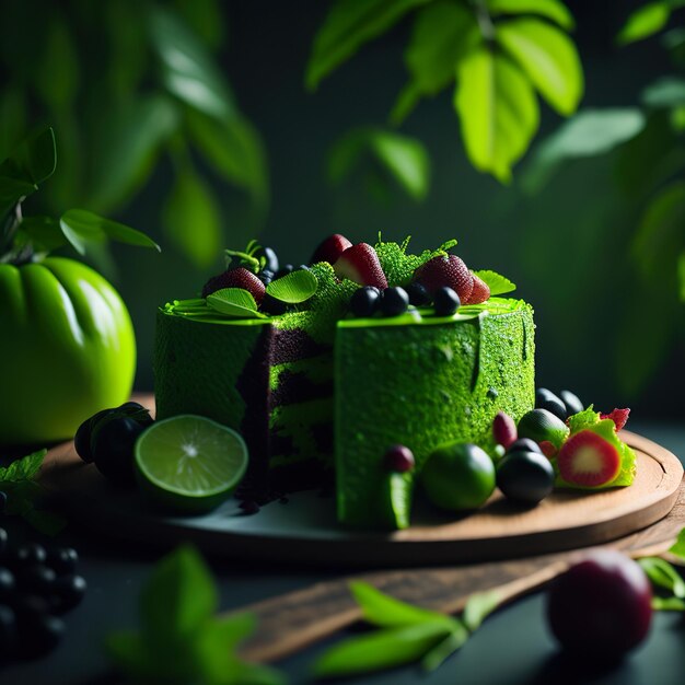 Un pastel con una hoja verde y una fruta al lado.