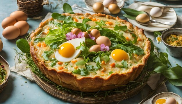 Foto un pastel con huevos y un conejo en él